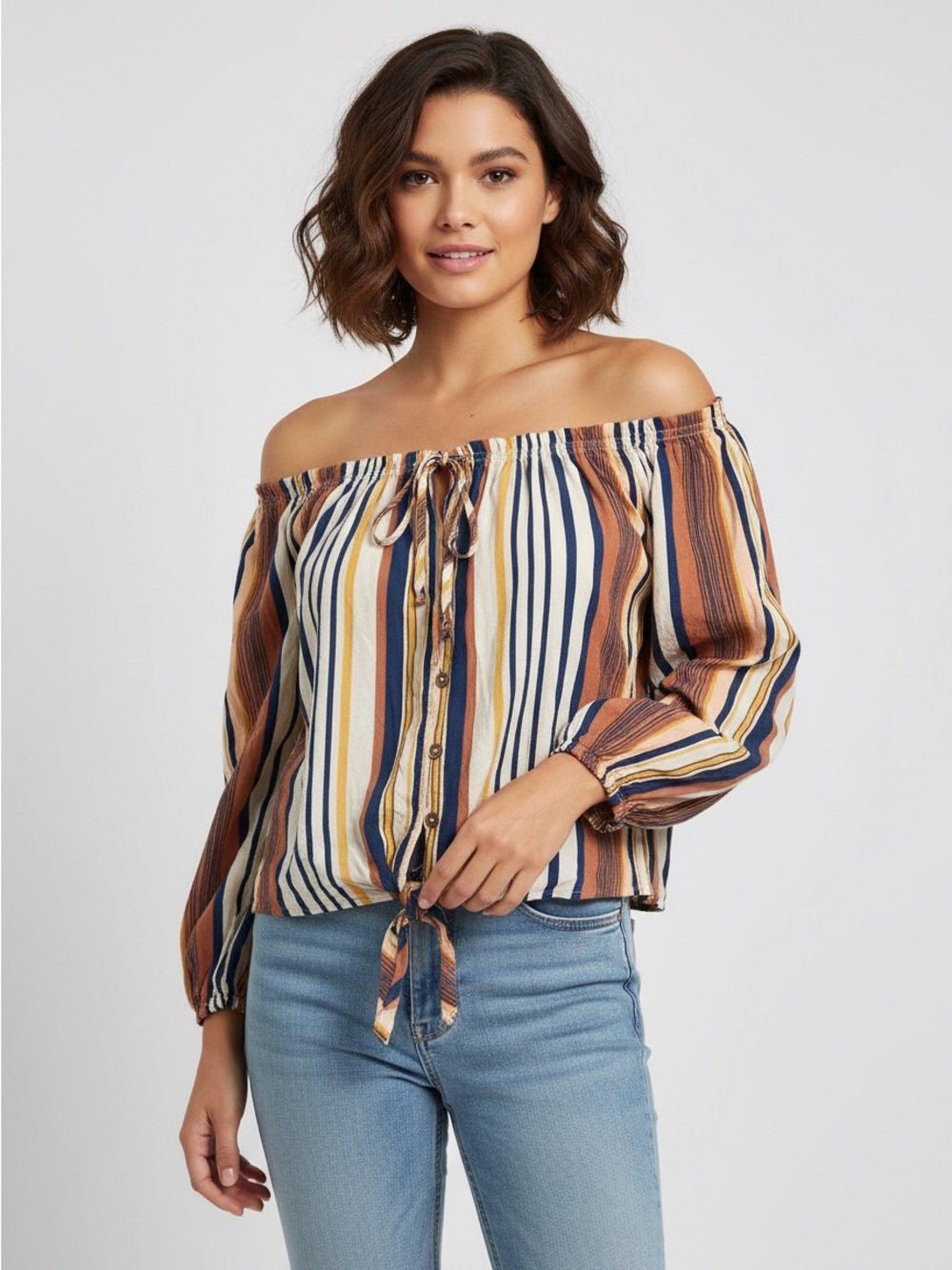 Rewind Boho Off Shoulder Striped Blouse XL Tie Front Rayon Peasant Top Multicolo